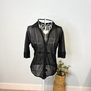 Stunning black vintage euro 90s y2k striped button up sheer top